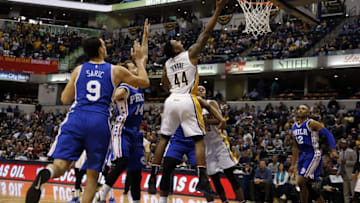 Nov 9, 2016; Indianapolis, IN, USA; Indiana Pacers guard Jeff Teague (44) takes a shot against Philadelphia 76ers forward Dario Saric (9) at Bankers Life Fieldhouse. Indiana defeats Philadelphia in overtime 122-115. Mandatory Credit: Brian Spurlock-USA TODAY Sports