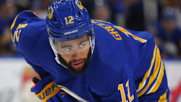 Mar 6, 2023; Buffalo, New York, USA; Buffalo Sabres left wing Jordan Greenway (12) waits for the face-off during the second period against the Edmonton Oilers at KeyBank Center. Mandatory Credit: Timothy T. Ludwig-USA TODAY Sports