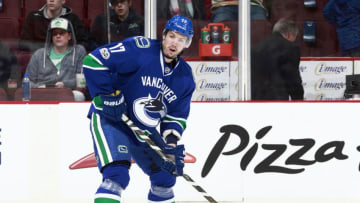 VANCOUVER, BC - JANUARY 4: Anton Rodin #17 of the Vancouver Canucks skates up ice with the puck during their NHL game against the Arizona Coyotes at Rogers Arena January 4, 2017 in Vancouver, British Columbia, Canada. (Photo by Jeff Vinnick/NHLI via Getty Images)