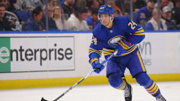 Oct 29, 2022; Buffalo, New York, USA; Buffalo Sabres center Dylan Cozens (24) carries the puck up ice during the second period against the Chicago Blackhawks at KeyBank Center. Mandatory Credit: Timothy T. Ludwig-USA TODAY Sports