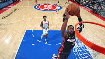 DETROIT, MI - NOVEMBER 5: Dwyane Wade #3 of the Miami Heat dunks the ball against the Detroit Pistons on November 5, 2018 at Little Caesars Arena in Detroit, Michigan. NOTE TO USER: User expressly acknowledges and agrees that, by downloading and/or using this photograph, User is consenting to the terms and conditions of the Getty Images License Agreement. Mandatory Copyright Notice: Copyright 2018 NBAE (Photo by Brian Sevald/NBAE via Getty Images)