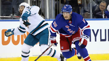 NEW YORK, NEW YORK - OCTOBER 20: Ryan Lindgren #55 of the New York Rangers skates against the San Jose Sharks at Madison Square Garden on October 20, 2022 in New York City. The Sharks defeated the Rangers 3-2 in overtime. (Photo by Bruce Bennett/Getty Images)