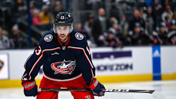 Nov 10, 2022; Columbus, Ohio, USA; Columbus Blue Jackets left wing Johnny Gaudreau (13) prepares for a face-off against the Philadelphia Flyers in the second period at Nationwide Arena. Mandatory Credit: Gaelen Morse-USA TODAY Sports