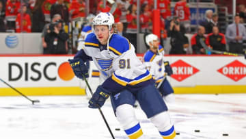 Apr 17, 2016; Chicago, IL, USA; St. Louis Blues right wing Vladimir Tarasenko (91) warms up prior to the first period in game three of the first round of the 2016 Stanley Cup Playoffs against the Chicago Blackhawks at the United Center. Mandatory Credit: Dennis Wierzbicki-USA TODAY Sports