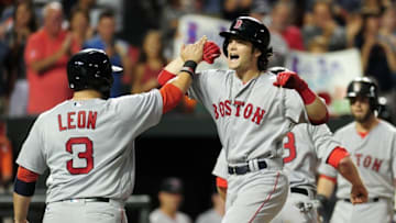 Sep 21, 2016; Baltimore, MD, USA; Boston Red Sox outfielder Andrew Benintendi (40) is congratulated by catcher Sandy Leon (3) after hitting a home run in the sixth inning against the Baltimore Orioles at Oriole Park at Camden Yards. Mandatory Credit: Evan Habeeb-USA TODAY Sports