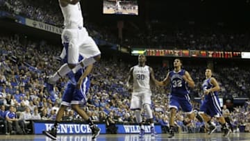 Nov 8, 2013; Lexington, KY, USA; Kentucky Wildcats guard James Young (1) dunks the ball against the NC-Asheville Bulldogs at Rupp Arena. Kentucky defeated NC-Asheville 89-57. Mandatory Credit: Mark Zerof-USA TODAY Sports