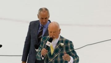 Sep 14, 2013; Belleville, Ontario, CAN; CBC television commentator Don Cherry (right) and Ron MacLean (left) during the first period intermission at Yardmen Arena. Mandatory Credit: John E. Sokolowski-USA TODAY Sports