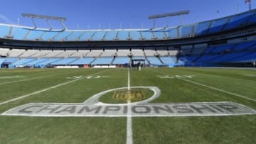 Jan 24, 2016; Charlotte, NC, USA; A general view of the NFC Championship logo before the game between the Carolina Panthers and the Arizona Cardinals in the NFC Championship football game at Bank of America Stadium. Mandatory Credit: Bob Donnan-USA TODAY Sports
