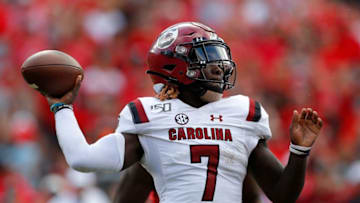 ATHENS, GEORGIA - OCTOBER 12: Dakereon Joyner #7 of the South Carolina Gamecocks looks to pass against the Georgia Bulldogs at Sanford Stadium on October 12, 2019 in Athens, Georgia. (Photo by Kevin C. Cox/Getty Images)