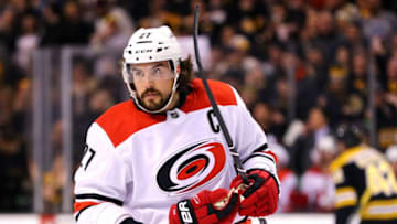 BOSTON, MA - JANUARY 6: Justin Faulk #27 of the Carolina Hurricanes reacts after Riley Nash #20 of the Boston Bruins scored a goal during the first period at TD Garden on January 6, 2018 in Boston, Massachusetts. (Photo by Maddie Meyer/Getty Images)