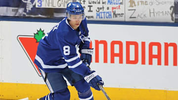 TORONTO,ON - JANUARY 16: Connor Carrick #8 of the Toronto Maple Leafs skates during the warm-up prior to playing against the St.Louis Blues in an NHL game at the Air Canada Centre on January 16, 2018 in Toronto, Ontario, Canada. The Blues defeated the Maple Leafs 2-1 in overtime. (Photo by Claus Andersen/Gety Images)