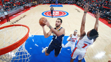 DETROIT, MI - DECEMBER 12: Trey Lyles #7 of the Denver Nuggets drives to the basket against the Detroit Pistons on December 12, 2017 at Little Caesars Arena in Detroit, Michigan. NOTE TO USER: User expressly acknowledges and agrees that, by downloading and/or using this photograph, User is consenting to the terms and conditions of the Getty Images License Agreement. Mandatory Copyright Notice: Copyright 2017 NBAE (Photo by Brian Sevald/NBAE via Getty Images)