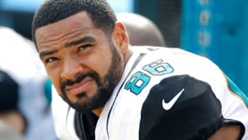 Oct 18, 2015; Jacksonville, FL, USA; Jacksonville Jaguars tight end Clay Harbor (86) on the bench during the second half of a football game against the Houston Texans at EverBank Field. Mandatory Credit: Reinhold Matay-USA TODAY Sports