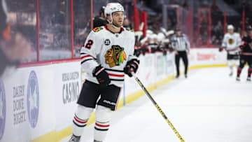 OTTAWA, ON - MARCH 12: Alex DeBrincat #12 of the Chicago Blackhawks skates against the Ottawa Senators during the second period at the Canadian Tire Centre on March 12, 2022 in Ottawa, Ontario, Canada. (Photo by Richard A. Whittaker/Freestyle Photo/Getty Images)