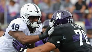 EVANSTON, IL - OCTOBER 07: Shareef Miller #48 of the Penn State Nittany Lions rushes against Rashawn Slater #70 of the Northwestern Wildcats at Ryan Field on October 7, 2017 in Evanston, Illinois. Penn State defeated Northwestern 31-7. (Photo by Jonathan Daniel/Getty Images)