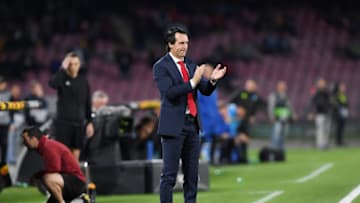 NAPLES, ITALY - APRIL 18: Coach of Arsenal Unai Emery reacts during the UEFA Europa League Quarter Final Second Leg match between S.S.C. Napoli and Arsenal at Stadio San Paolo on April 18, 2019 in Naples, Italy. (Photo by Francesco Pecoraro/Getty Images)
