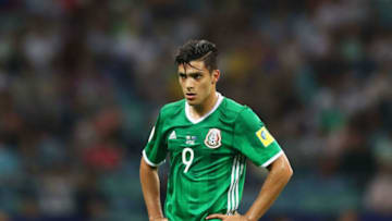 SOCHI, RUSSIA - JUNE 21: Raul Jimenez of Mexico looks on during the FIFA Confederations Cup Russia 2017 Group A match between Mexico and New Zealand at Fisht Olympic Stadium on June 21, 2017 in Sochi, Russia. (Photo by Dean Mouhtaropoulos/Getty Images)