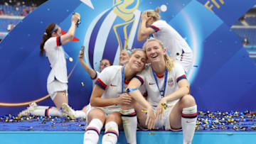 LYON, FRANCE - JULY 07: Abby Dahlkemper and Samantha Mewis of the USA celebrate victory in the 2019 FIFA Women's World Cup France Final match between The United States of America and The Netherlands at Stade de Lyon on July 07, 2019 in Lyon, France. (Photo by Catherine Ivill - FIFA/FIFA via Getty Images)