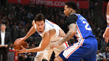 LOS ANGELES, CA - JANUARY 1: Danilo Gallinari #8 of the LA Clippers handles the ball against the Philadelphia 76ers on January 1, 2019 at STAPLES Center in Los Angeles, California. NOTE TO USER: User expressly acknowledges and agrees that, by downloading and/or using this photograph, user is consenting to the terms and conditions of the Getty Images License Agreement. Mandatory Copyright Notice: Copyright 2019 NBAE (Photo by Andrew D. Bernstein/NBAE via Getty Images)