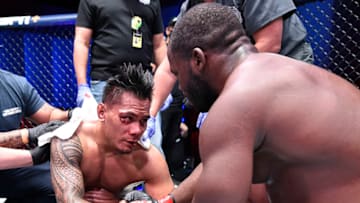LAS VEGAS, NEVADA - SEPTEMBER 08: (R-L) Tafon Nchukwi shakes hands with Al Matavao after their light heavyweight bout during week six of Dana White's Contender Series season four at UFC APEX on September 08, 2020 in Las Vegas, Nevada. (Photo by Chris Unger/DWCS LLC/Zuffa LLC)