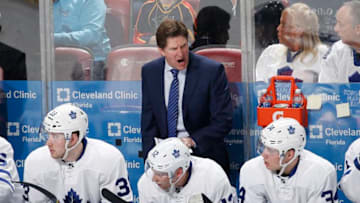 SUNRISE, FL - DECEMBER 28: Head Coach Mike Babcock of the Toronto Maple Leafs reacts to third period action against the Florida Panthers at the BB