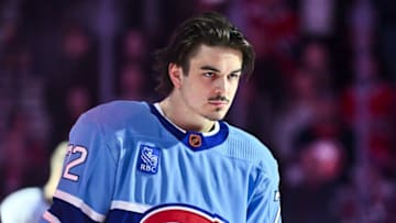 MONTREAL, CANADA - FEBRUARY 11: Arber Xhekaj #72 of the Montreal Canadiens stands during the anthems prior to the game against the New York Islanders at Centre Bell on February 11, 2023 in Montreal, Quebec, Canada. The Montreal Canadiens defeated the New York Islanders 4-3 in overtime. (Photo by Minas Panagiotakis/Getty Images)