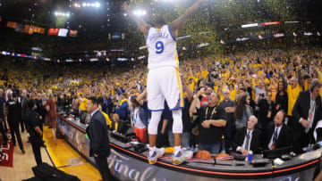 OAKLAND, CA - JUNE 12: Andre Iguodala #9 of the Golden State Warriors celebrates winning the NBA Championship in Game Five against the Cleveland Cavaliers of the 2017 NBA Finals on June 12, 2017 at Oracle Arena in Oakland, California. NOTE TO USER: User expressly acknowledges and agrees that, by downloading and or using this photograph, user is consenting to the terms and conditions of Getty Images License Agreement. Mandatory Copyright Notice: Copyright 2017 NBAE (Photo by: Noah Graham/NBAE via Getty Images)OAKLAND, CA - JUNE 12: after winning the NBA Championship in Game Five against the Cleveland Cavaliers of the 2017 NBA Finals on June 12, 2017 at Oracle Arena in Oakland, California. NOTE TO USER: User expressly acknowledges and agrees that, by downloading and or using this photograph, user is consenting to the terms and conditions of Getty Images License Agreement. Mandatory Copyright Notice: Copyright 2017 NBAE (Photo by: Noah Graham/NBAE via Getty Images)