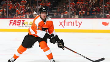 PHILADELPHIA, PA - JANUARY 08: Joel Farabee #49 of the Philadelphia Flyers skates against the Washington Capitals at the Wells Fargo Center on January 8, 2020 in Philadelphia, Pennsylvania. (Photo by Mitchell Leff/Getty Images)