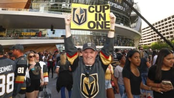 LAS VEGAS, NV - APRIL 11: A fan holds up a sign outside of T-Mobile Arena prior to Game One of the Western Conference First Round during the 2018 NHL Stanley Cup Playoffs between the Los Angeles Kings and the Vegas Golden Knights on April 11, 2018 in Las Vegas, Nevada. (Photo by Jeff Speer/NHLI via Getty Images)
