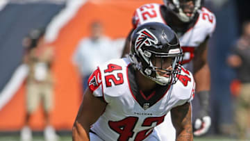 CHICAGO, IL - SEPTEMBER 10: Duke Riley #42 of the Atlanta Falcons awaits the snap against the Chicago Bears during the season opening game at Soldier Field on September 10, 2017 in Chicago, Illinois. The Falcons defeated the Bears 23-17. (Photo by Jonathan Daniel/Getty Images)