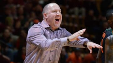 Mar 7, 2015; Blacksburg, VA, USA; Virginia Tech Hokies head coach Buzz Williams instructs his players during the game against the Miami Hurricanes at Cassell Coliseum. Miami defeated Virginia Tech 82-61. Mandatory Credit: Michael Shroyer-USA TODAY Sports
