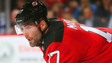 NEWARK, NJ - APRIL 05: Patrick Maroon #17 of the New Jersey Devils looks on against the Toronto Maple Leafs during the game at Prudential Center on April 5, 2018 in Newark, New Jersey. (Photo by Andy Marlin/NHLI via Getty Images)