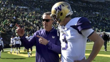 Chris Petersen, Jake Browning Washington football (Photo by Steve Dykes/Getty Images)