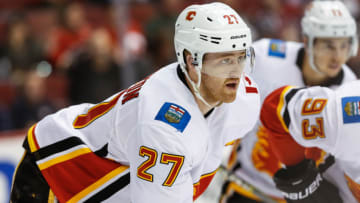 GLENDALE, AZ - MARCH 19: Calgary Flames defenseman Dougie Hamilton (27) looks on during the NHL hockey game between the Calgary Flames and the Arizona Coyotes on March 19, 2018 at Gila River Arena in Glendale, Arizona. (Photo by Kevin Abele/Icon Sportswire via Getty Images)
