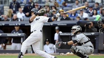 May 15, 2016; Bronx, NY, USA; New York Yankees right fielder Carlos Beltran (36) hits a two run home run during the sixth inning against the Chicago White Sox at Yankee Stadium. Mandatory Credit: Anthony Gruppuso-USA TODAY Sports