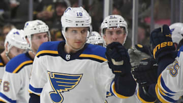 LAS VEGAS, NEVADA - NOVEMBER 16: Brayden Schenn #10 of the St. Louis Blues celebrates with teammates on the bench after scoring a second-period goal against the Vegas Golden Knights during their game at T-Mobile Arena on November 16, 2018 in Las Vegas, Nevada. (Photo by Ethan Miller/Getty Images)
