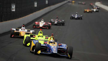 INDIANAPOLIS, INDIANA - MAY 26: Simon Pagenaud of France, driver of the #22 Menards Team Penske Chevrolet races Alexander Rossi of the United States, driver of the #27 NAPA Auto Parts Andretti Autosport Honda during the 103rd running of the Indianapolis 500 at Indianapolis Motor Speedway on May 26, 2019 in Indianapolis, Indiana. (Photo by Chris Graythen/Getty Images)