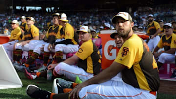 Jul 11, 2016; San Diego, CA, USA; National League pitcher Madison Bumgarner (40) of the San Francisco Giants in attendance during the All Star Game home run derby at PetCo Park. Mandatory Credit: Jake Roth-USA TODAY Sports