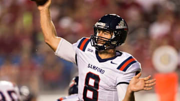 LITTLE ROCK, AR - SEPTEMBER 7: Andy Summerlin #8 of the Samford Bulldogs throws a pass against the Arkansas Razorbacks at War Memorial Stadium on September 7, 2013 in Little Rock, Arkansas. The Razorbacks defeated the Bulldogs 31-21. (Photo by Wesley Hitt/Getty Images)