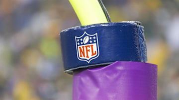 Oct 2, 2014; Green Bay, WI, USA; NFL Logo on the goal post padding during the game between the Minnesota Vikings and Green Bay Packers at Lambeau Field. Green Bay won 42-10. Mandatory Credit: Jeff Hanisch-USA TODAY Sports