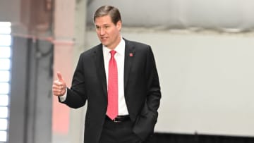 Nebraska Cornhuskers athletic director Trev Alberts signals to the press (Steven Branscombe-USA TODAY Sports)