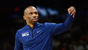 Oct 10, 2021; Phoenix, Arizona, USA; Chicago Sky head coach James Wade looks on against the Phoenix Mercury during the second half of game one of the 2021 WNBA Finals at Footprint Center. Mandatory Credit: Joe Camporeale-USA TODAY Sports