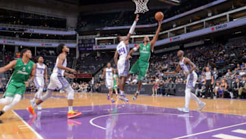 SACRAMENTO, CA - OCTOBER 8: Josh Childress #21 of Maccabi Haifa shoots a layup against Buddy Hield #24 of the Sacramento Kings on October 8, 2018 at Golden 1 Center in Sacramento, California. NOTE TO USER: User expressly acknowledges and agrees that, by downloading and or using this photograph, User is consenting to the terms and conditions of the Getty Images Agreement. Mandatory Copyright Notice: Copyright 2018 NBAE (Photo by Rocky Widner/NBAE via Getty Images)
