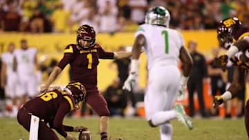 TEMPE, AZ - SEPTEMBER 23: Place kicker Brandon Ruiz #1 of the Arizona State Sun Devils kicks a 41 yard field goal against the Oregon Ducks during the second half of the college football game at Sun Devil Stadium on September 23, 2017 in Tempe, Arizona. The Sun Devils defeated the Ducks 37-35. (Photo by Christian Petersen/Getty Images)