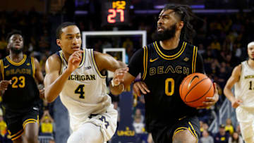 Nov 17, 2023; Ann Arbor, Michigan, USA; Long Beach State 49ers guard Marcus Tsohonis (0) dribbles on Michigan Wolverines guard Nimari Burnett (4) in the second half at Crisler Center. Mandatory Credit: Rick Osentoski-USA TODAY Sports