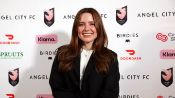 Mar 26, 2023; Los Angeles, California, USA; Actress and Angel City FC investor Sophia Bush poses for a photo on the pink carpet before the game against New Jersey/New York Gotham FC at BMO Stadium. Mandatory Credit: Kiyoshi Mio-USA TODAY Sports