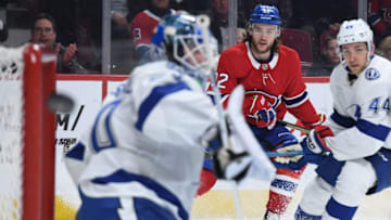 MONTREAL, QC - APRIL 2: Jonathan Drouin #92 of the Montreal Canadiens misses the net against of the Tampa Bay Lightning in the NHL game at the Bell Centre on April 2, 2019 in Montreal, Quebec, Canada. (Photo by Francois Lacasse/NHLI via Getty Images)