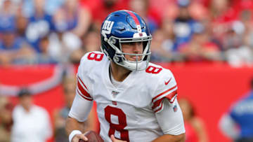 TAMPA, FLORIDA - SEPTEMBER 22: Quarterback Daniel Jones #8 of the New York Giants rolls out and runs for a first down in the second quarter during the game against the Tampa Bay Buccaneers at Raymond James Stadium on September 22, 2019 in Tampa, Florida. (Photo by Mike Zarrilli/Getty Images)