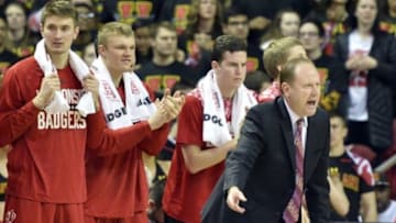 Feb 13, 2016; College Park, MD, USA; Wisconsin Badgers head coach Greg Gard directs his team during the first half against the Maryland Terrapins at Xfinity Center. Mandatory Credit: Tommy Gilligan-USA TODAY Sports