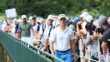 MEDINAH, ILLINOIS - AUGUST 18: Justin Thomas of the United States walks across the bridge on the 13th hole during the final round of the BMW Championship at Medinah Country Club No. 3 on August 18, 2019 in Medinah, Illinois. (Photo by Sam Greenwood/Getty Images)